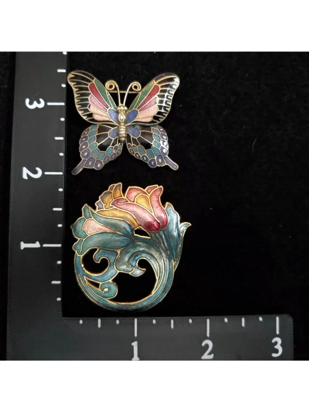 Vintage Cloisonne Brooch Lot Butterfly Flowers Floral 1.75
